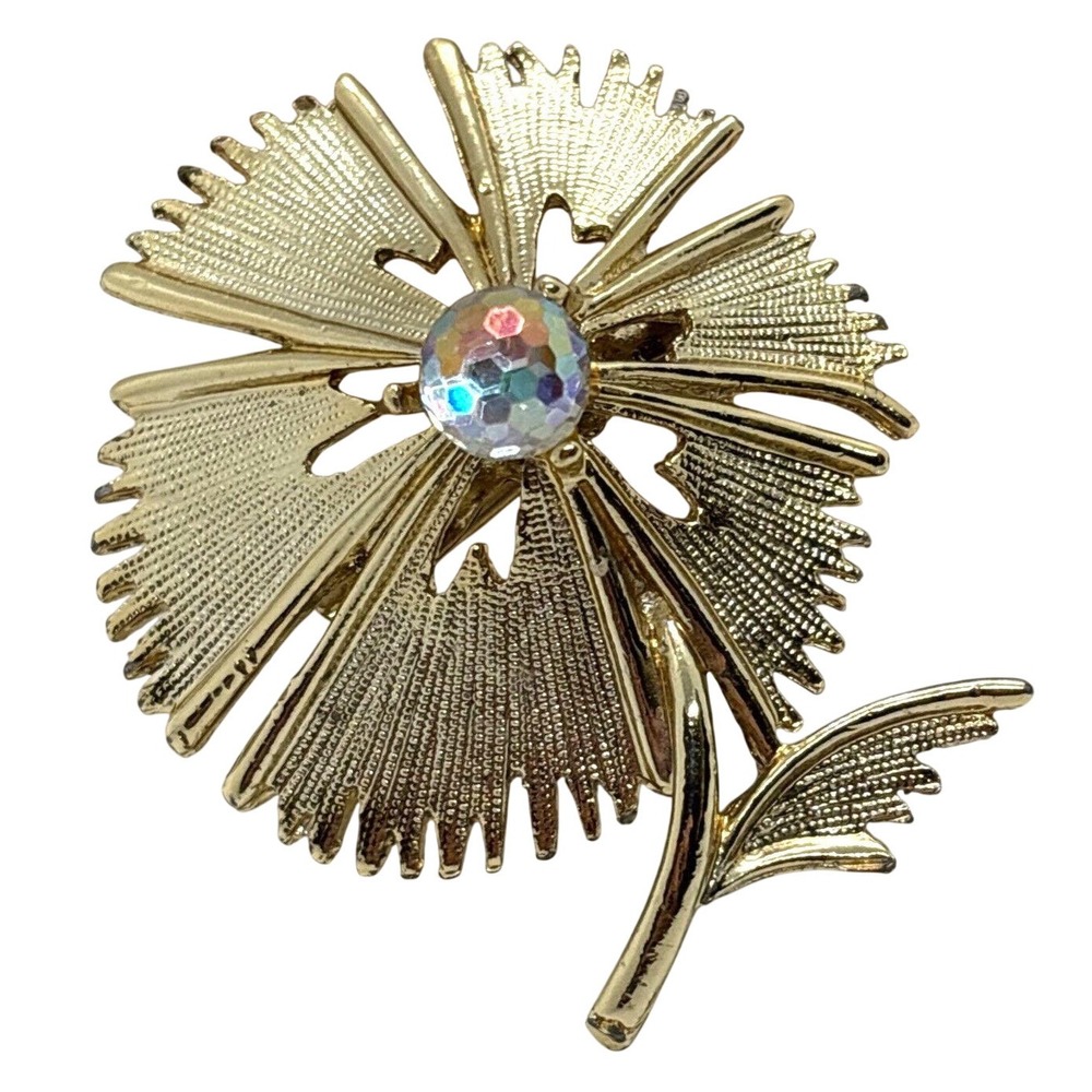 Vintage Unsigned Flower Floral Gold‎ Tone Geodesic Sphere Bead Pin Brooch 1970s